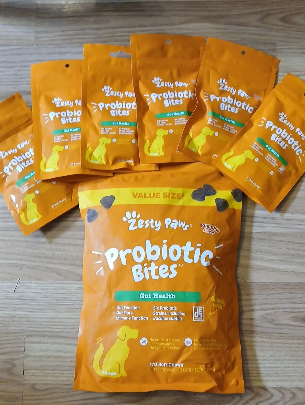 Zesty Paws Probiotic Bites Gut Health Pumpkin Flavor Soft Chews Four Dogs